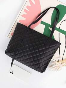 1pc Girls' New Large Capacity Rhombus Pattern Shoulder Tote Bag, Lightweight Handbag, Great Gift - Black - View 3