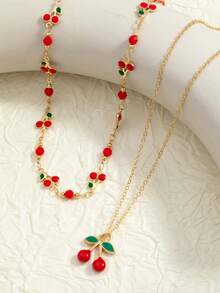 两件套新鲜甜美的红樱桃水果项链，配有油滴吊坠，双层设计，可佩戴 - 櫻桃項鍊 - 查看 1
