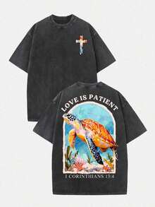 2026 Summer Clothes(230g T-Shirt)Men's Loose Washed Cotton "When You Go Through Deep Waters" Turtle Graphic T-Shirt, Comfortable Christian Faith Tee With Bible Verse, Breathable Retro Streetwear -  Gift ChoiceLoose And Comfortablesummer Tops - 黑色 7 - 查看 9
