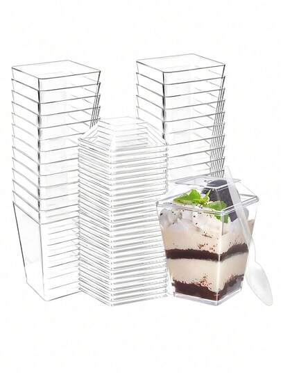 50 tazas cuadradas de postre premium - Tazas de plástico transparente para parfait, reutilizables, perfectas para yogur, fruta, mousse y mini postres - Solución de servicio elegante para eventos y uso diario
