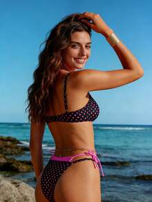 Bộ bikini 2 mảnh chấm bi, kiểu cổ yếm, cạp cao, thích hợp cho kỳ nghỉ hè 2026. - Màu Hồng Tươi - Xem 4