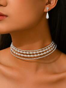 Set de 3 piezas de joyería elegante y lujosa para mujer con collares y aretes de múltiples capas con diamante de imitación y perlas falsas, adecuado para usar en fiestas - multicolor - Ver 1