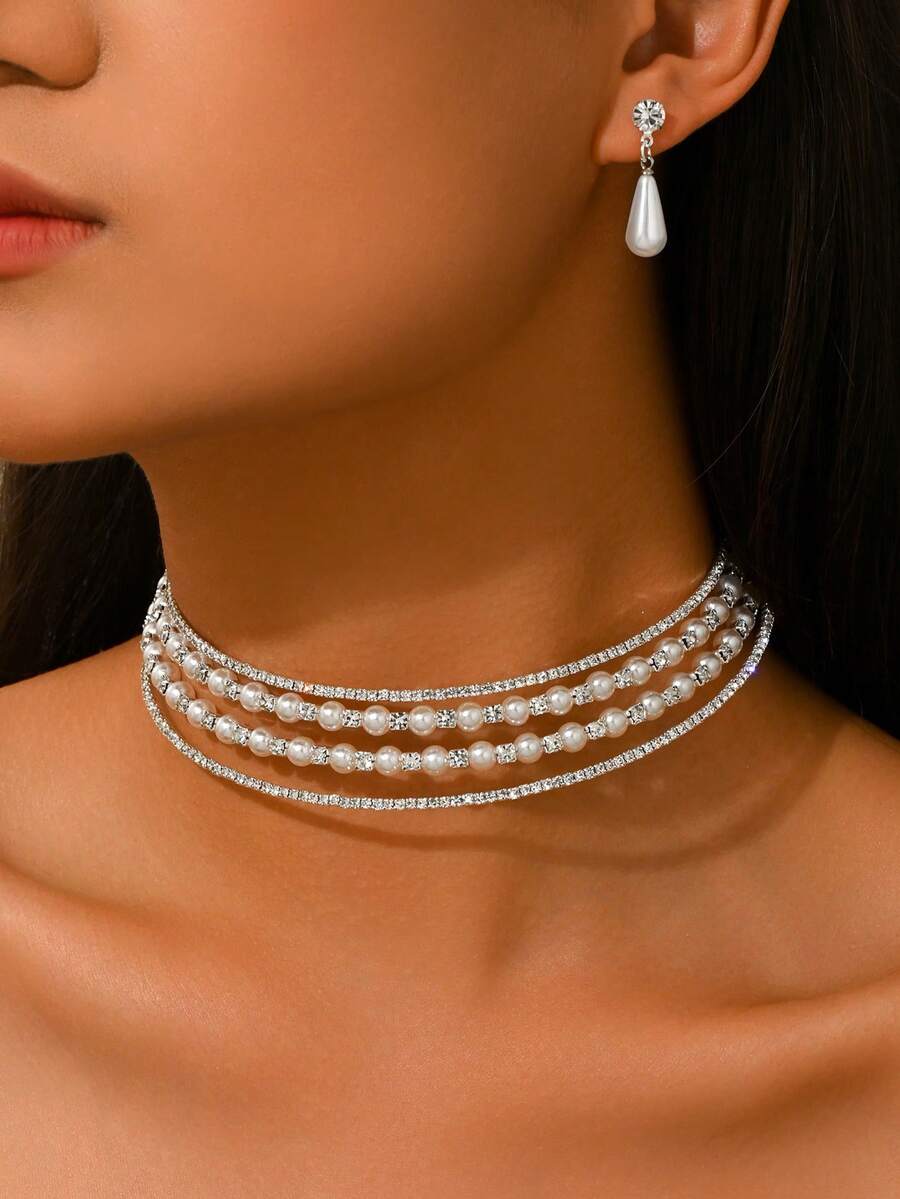 Set de 3 piezas de joyería elegante y lujosa para mujer con collares y aretes de múltiples capas con diamante de imitación y perlas falsas, adecuado para usar en fiestas - multicolor - Ver 1