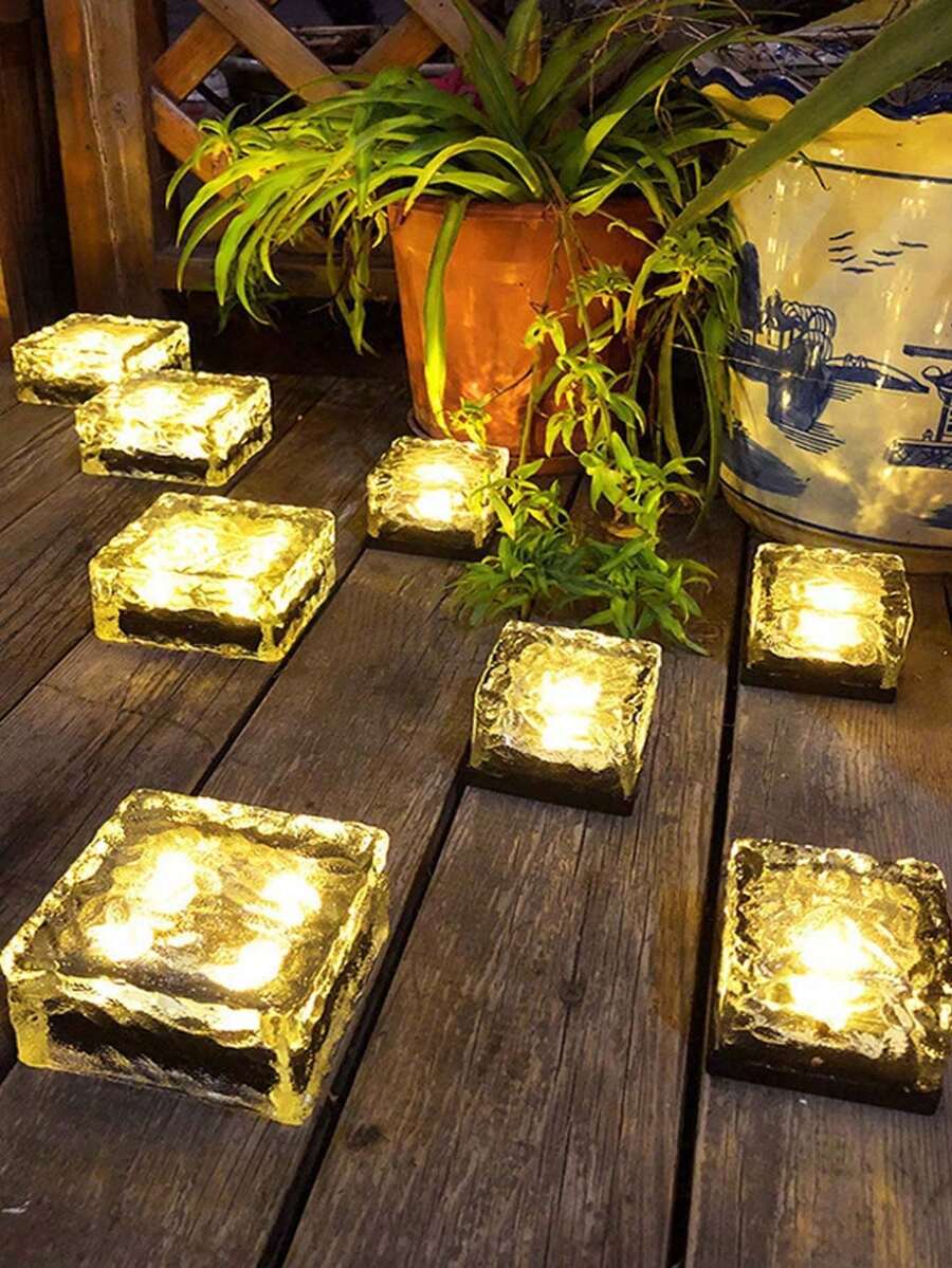 1/2/4/6/8个装户外太阳能仿真冰砖灯，太阳能楼梯灯/地灯，暖光室内装饰氛围灯，亚克力防水LED圣诞夜灯，户外太阳能圣诞灯，便携式户外安全照明灯，节日装饰灯，适用于派对、庭院、阳台、小路、车库、花园、农场、钓鱼、步行道、畜牧场、圣诞节、万圣节、返校礼物