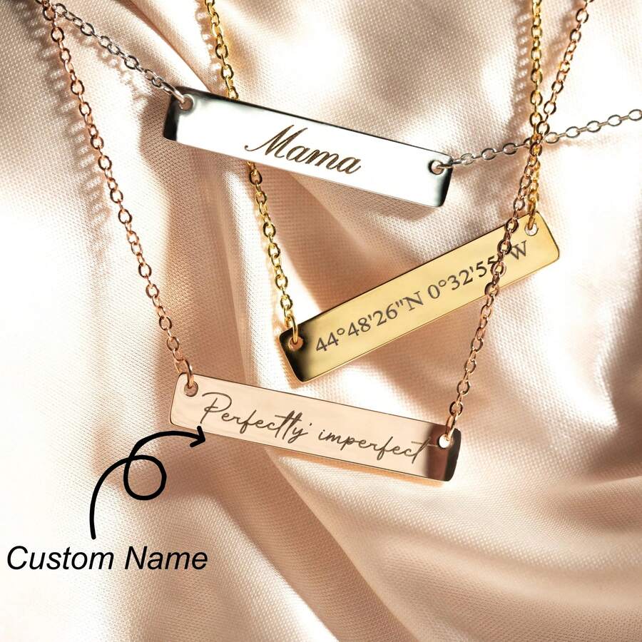 1 Pc Custom Name Bar Necklace Engraved Letter Stainless Steel Jewelry - Multicolor - View 1