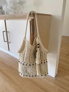 Túi tote dệt rỗng mới mùa Xuân/Hè 2026, túi đeo vai nữ thích hợp cho đi biển, nghỉ mát, công sở, thường ngày, đi làm, mua sắm, hẹn hò, du lịch, đi học và sử dụng hàng ngày. - Màu be - Xem 5