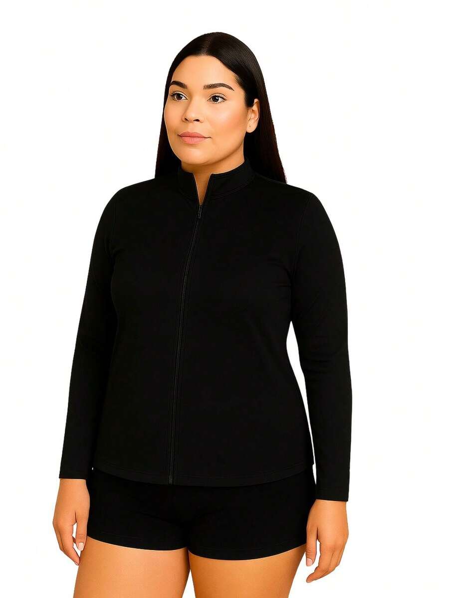 Plus Size Sports Jacket For Leisure, Hiking, Gym, Fitness, Helanca Dryfit Fabric With Zipper, UV Sun Protection SPF 50 - màu đen - Xem 1