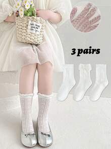 3双春夏女童透气网眼洛丽塔公主袜，纯白色蕾丝蝴蝶结袜 - 彩色 - 查看 5