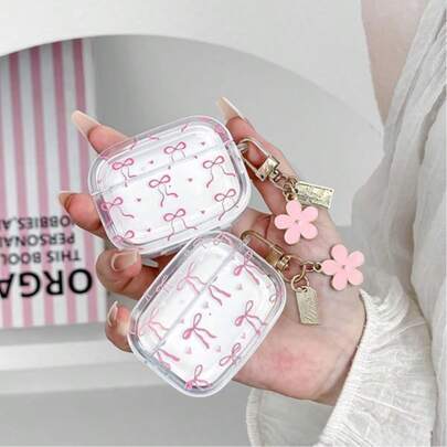 Compatible With AirPods 4 Clear Case,Cute Bow Pattern Pro 2 3 Girly Design With Pink Flower Pearl Keychain,Soft TPU Protective Shockproof Case For Women Girl For AirPods 4 1 2 3 Pro -Pink