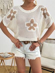 花卉镂空落肩圆领女式背心，时尚休闲优雅甜美风格轻盈夏季服装 - 奶油色 - 查看 6