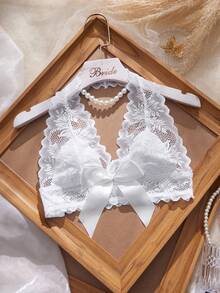 Elegant Wireless Bra, Lace & Bow Detail, Comfortable Halter Neck Lingerie - White - View 3