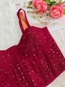 Black Rhinestone Thin Straps Bustier Top - 1 Piece Mesh Panel Cropped Waist Cinching Bust Enhancing Sexy Fashionable Date Party - Burgundy - View 4