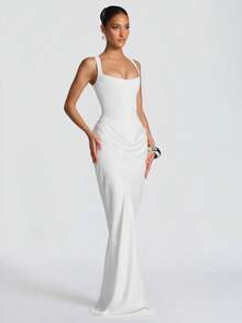Women's Fall Winter Solid Color Elegant Square Neck Sleeveless Slim Maxi Dress - White - View 4