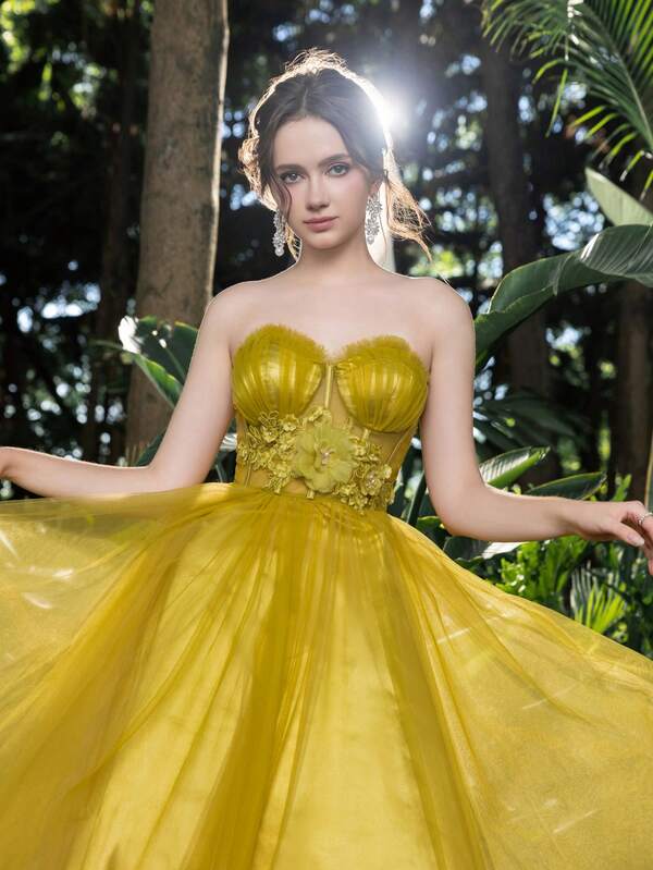 Faeriesty ﻿Elegant Women's Prom Dresses Lace Up Back Romantic Floral Applique Bodice Strapless Tulle Party Dress,Perfect For Red Carpet, Gala, Wedding & Luxury Party For Wedding Receptions, Masquerade Balls, Mystical Garden Parties, Formal Dinners, Black-Tie Events, Graduation Dress & Birthday Women Outfits,Spring Dresses Summer Outfits