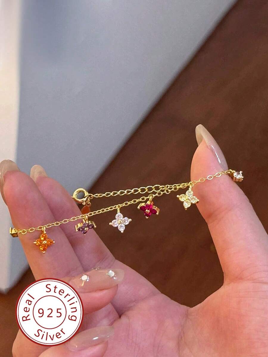1 Stück minimalistisches, buntes Vier-Blatt-Blumen-Armband, 925er Sterlingsilber, elegantes Schmuckgeschenk für Frauen, Braut, Geburtstag, Date