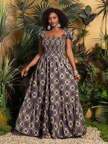 Faeriesty 大码优雅方领荷叶边下摆长款连衣裙，多层A字裙摆，印花图案，适合婚礼宾客、伴娘伴郎、订婚派对、正式晚宴、专业摄影、度假等夏季场合。 - 棕色 - 查看 4