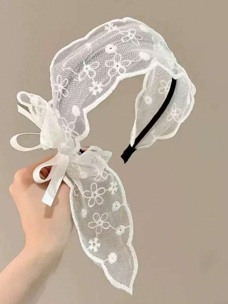 1pc Girls' Lace Bow Headband, Fashionable & Versatile For Spring/Summer - Beige - View 1