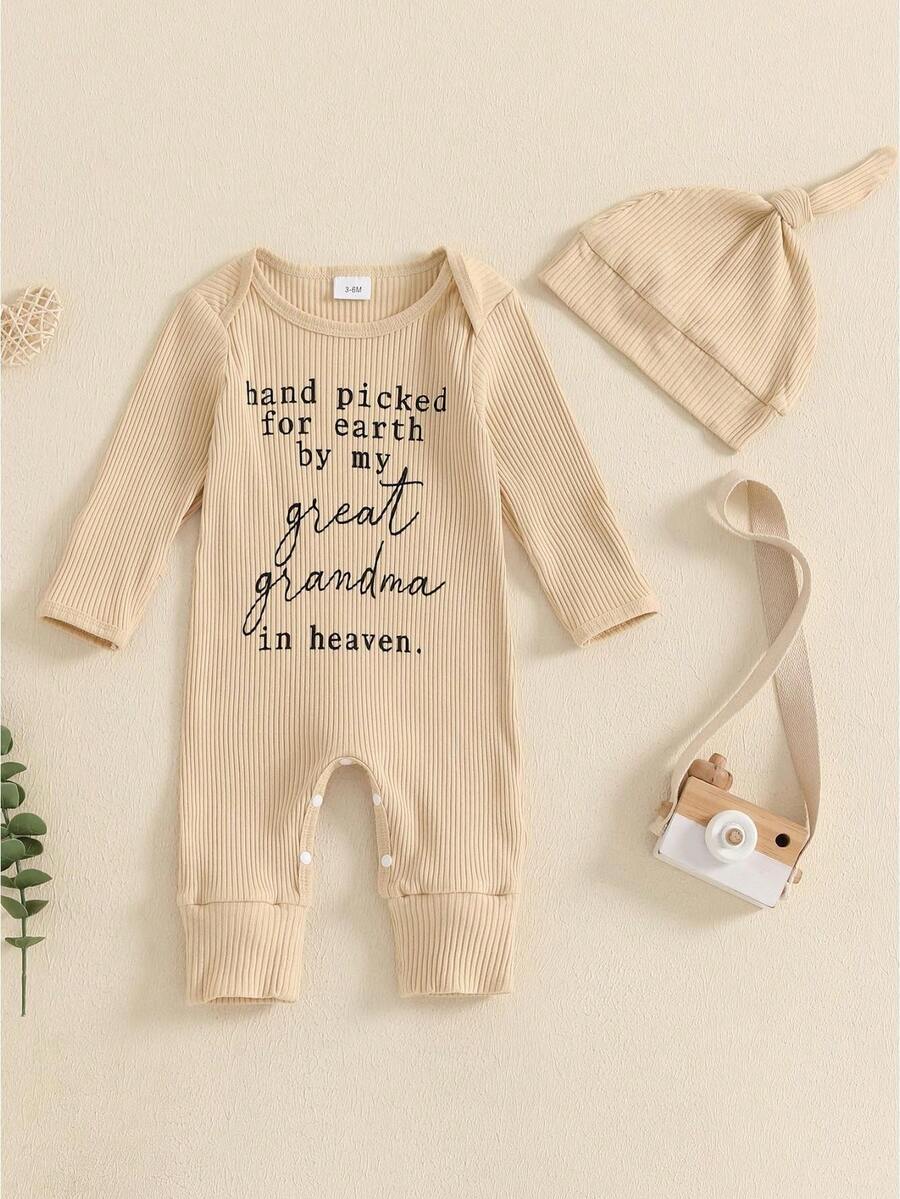 Newborn Baby Boys Girls Hospital Going Home Outfit Baby Shower Outfit For Grandma Grandpa Clothes Hand Picked For Earth By My Grandpa Grandma In Heaven Rib Knit Romper Jumpsuit Hat Set - 米色奶奶 - 查看 1