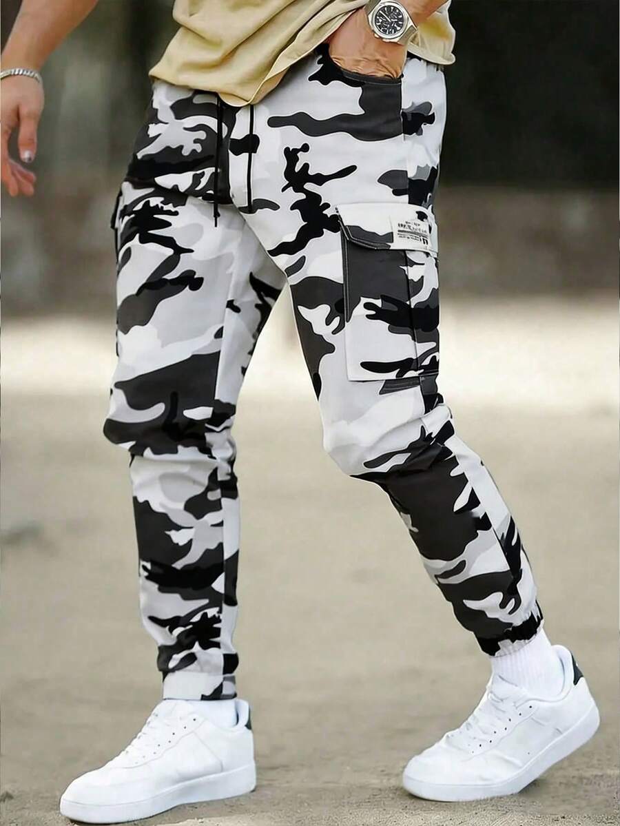 Pantalones cargo de hombre sueltos y delgados con camuflaje y múltiples bolsillos para exteriores - Gris - Ver 1