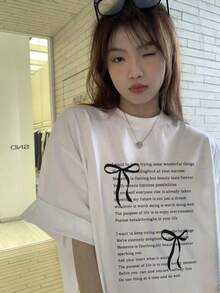 日系女式宽松圆领休闲百搭印花短袖T恤，春夏白色 - 白色 - 查看 1