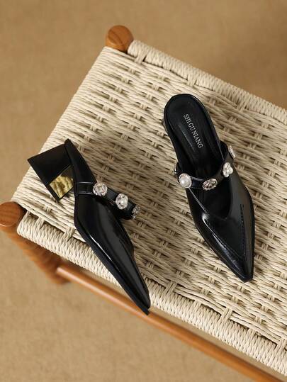 2026夏季新款时尚办公休闲百搭派对女式穆勒鞋，纯色米色黑色银色棕色露趾套脚凉鞋，欧美风珍珠装饰优雅简约高跟罗马凉鞋，适合搭配阔腿裤和连衣裙