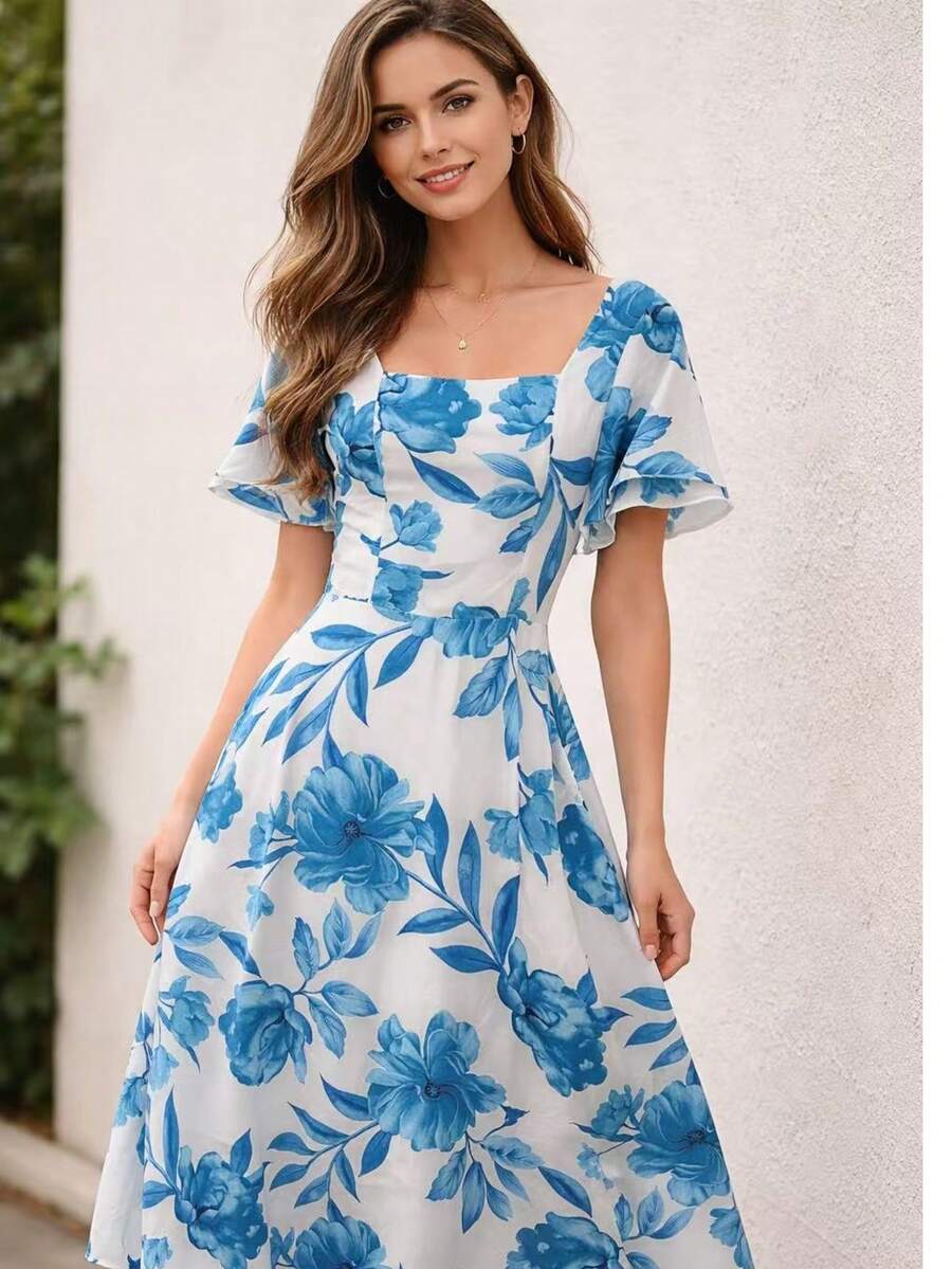 Women's Midi Dress With Short Sleeves, Princess Style, Elegant - Branco florido - 查看 1