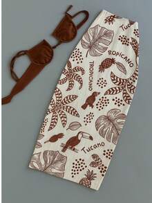 Women's Midi Skirt With Tropical Toucan Print (Top Not Included) - Mocha Brown - View 1