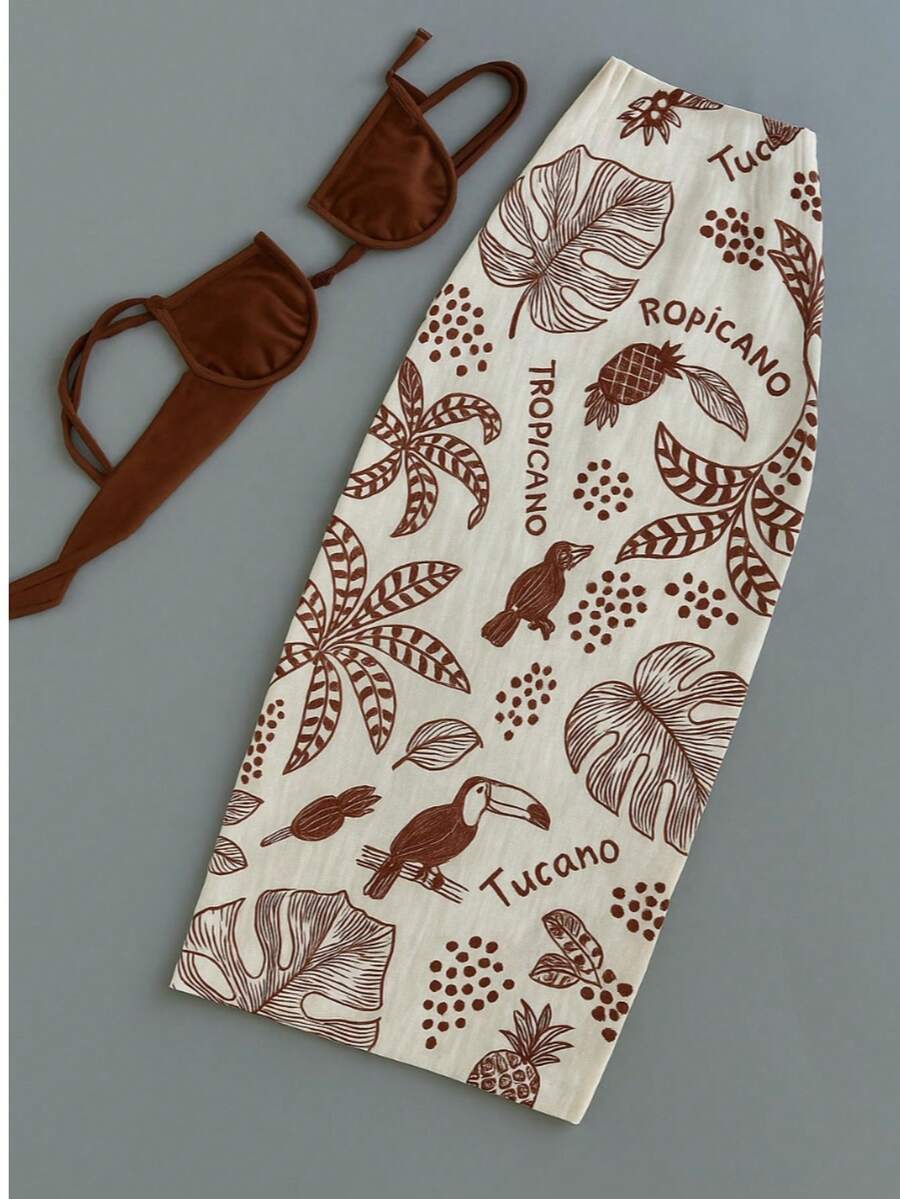 Women's Midi Skirt With Tropical Toucan Print (Top Not Included) - Mocha Brown - View 1