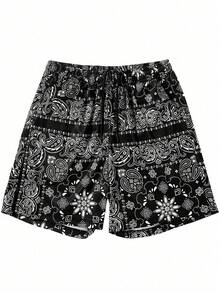 男士休闲度假沙滩腰果印花短裤 - 黑色 - 查看 2