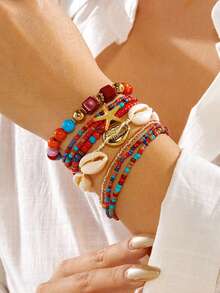 波西米亚度假风多层念珠手链。创意沙滩配饰套装。 - 海星手串套裝 - 查看 1