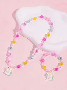 2pcs/Set Girls' Cute Unicorn Pendant Beaded Necklace & Bracelet Set, Princess Jewelry Accessories Gift, Suitable For Casual Daily Wear And Party, Random Color - one-size - View 6