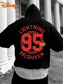 Disney Men's Casual Hoodie, Lightning McQueen 95 Checkered Print, Classic Racing Design, Relaxed Fit, Ideal For Retro Style Lovers & Daily Life - Black - View 1