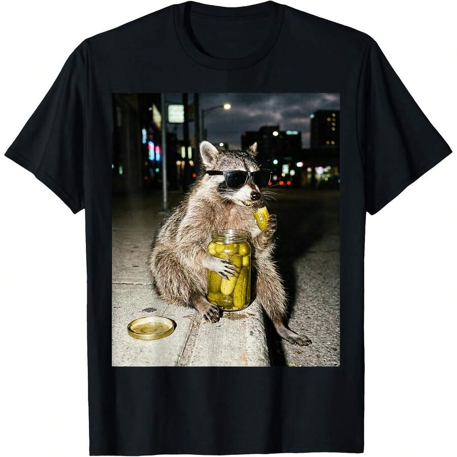 Camiseta para hombres y mujeres con el meme del mapache comiendo pepinillos - Negro - Ver 1