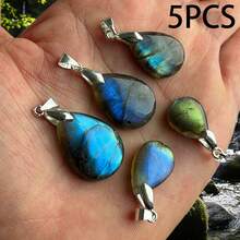 5 PIEZAS Colgante de piedra natural, colgante de labradorita en forma de gota de agua, piedra lunar con destello azul, destellos de colores para hacer joyas, DIY collares, accesorios de moda - Regalos perfectos para seres queridos (No incluye cuerda de cuero) - 5 piezas - Ver 7