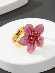1件优雅法式扎染珐琅手工五瓣花双层戒指，女士饰品 - 粉色 - 查看 5