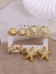 2pcs/8pcs Lightweight Fashionable Shell & Starfish Design Gold Earrings, Suitable For Beach, Summer Travel And Daily Wear - Gold - View 2