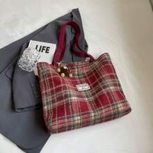 Elegant Versatile Large Capacity Commuter Plaid Tote Bag, Woolen Plaid One Shoulder Tote Bag - Multicolor - View 12