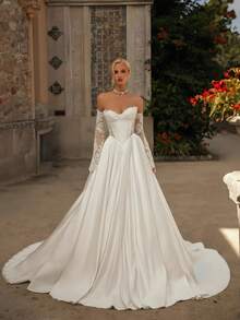 Timeless Strapless Sweetheart Lace & Satin A-Line Wedding Dress, Wedding Dresses For Bride, Elegant And Comfortable, Includes Plus Sizes, Bridal Gown, Formal Dresses For Women, Suitable For Wedding, Party, After-Party Dress, Cocktail Party, Bride, Formal Occasions, Dinner Dress, Prom Dress, Birthday Party, Celebration, Gala, Festival, Ceremony, Graduation, Homecoming Dress, Vacation, White - 白色 - 查看 1