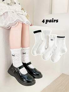 4 pares de calcetines finos y transpirables para niñas con lazo y adorno de encaje, versátiles para el uso escolar, primavera/verano - Blanco y Negro - Ver 8
