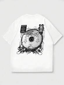 FRACTYR Men's Casual Versatile Fashionable Cyberpunk & Dark Aesthetic Compact Disc Graphic Print Round Neck T-Shirt, Summer Casual Street Art Style - White - View 3