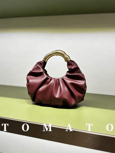 1pc Pleated Women's Handbag, Metal Round Handle Design, PU Leather Solid Color Underarm Bag, Magnetic Closure, Suitable For Women's Daily Use - Outings, Shopping, Classroom, Dates, Gifts, Office, Work, Travel