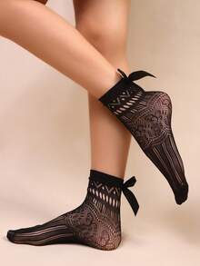 Women's Bow Tie Short Socks, Black Hollow Fishnet Mid-Calf Socks - Black - View 6