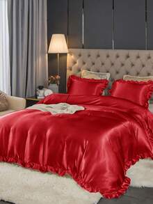2pcs (1 Duvet Cover + 1 Pillowcase) Or 3pcs (1 Duvet Cover + 2 Pillowcases) Honeymoon Satin Duvet Cover Set, Made Of Lustrous Satin Fabric Duvet Cover And Pillowcase(S) (Comforter Not Included), Silky Soft, Machine Washable, Suitable For Home And Dorm, T/F/Q/K Size, Oeko-Tex Certified, Red - Red - View 7