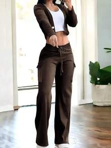 2 Piece Set : Women's Fashion Black Geometric Print Long Sleeve Crop Top & Cargo Pants |         Button-Up Top Pants With Drawstring Waist |         Casual Y2K Style Spring Winter Clothes, Vacation New Years Valentine Outfits Women - 棕色 - 查看 3