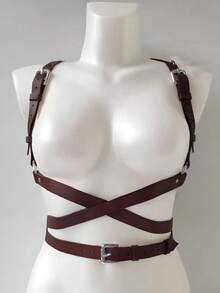 1pc Women's Elegant Coffee Color PU Leather Bustier Waist Harness Body Strap Street Style Suitable For Daily Commute Matching - Coffee Brown - View 3