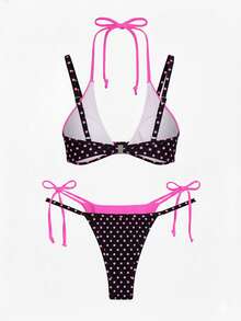 Bộ bikini 2 mảnh chấm bi, kiểu cổ yếm, cạp cao, thích hợp cho kỳ nghỉ hè 2026. - Màu Hồng Tươi - Xem 7