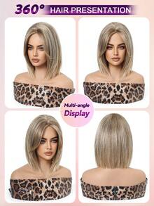 10 Inch Ash Blonde With Golden Highlights Bob Wigs For Women, Machine Made Heat Resistant Synthetic Wig With Bangs - Gold - View 10