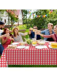 1/6pcs 137*274cm Red & White Plaid Disposable Plastic Tablecloth, Suitable For Picnic, Farm, Birthday, Wedding Rectangle Party Tablecloth, Tablecloth, Easter Tablecloth, Party, Party Supplies, Wedding, Tablecloth, Birthday, Party Decor, Birthday Decor, Table Cover - Multicolor - View 5