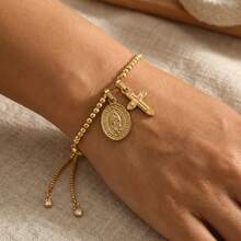 1件复古奢华金色方形吊坠十字架手链，时尚百搭精致链条可调节，适合日常佩戴和送礼。 - 金黃色 - 查看 4