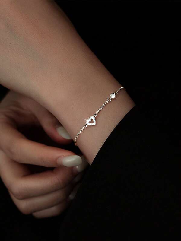  1 pieza Pulsera minimalista personalizada de plata de ley 925 con corazón hueco incrustado de circonita, pulsera delicada y elegante con forma de corazón para mujer, joya de lujo con estilo Ins, regalo de joyería encantador